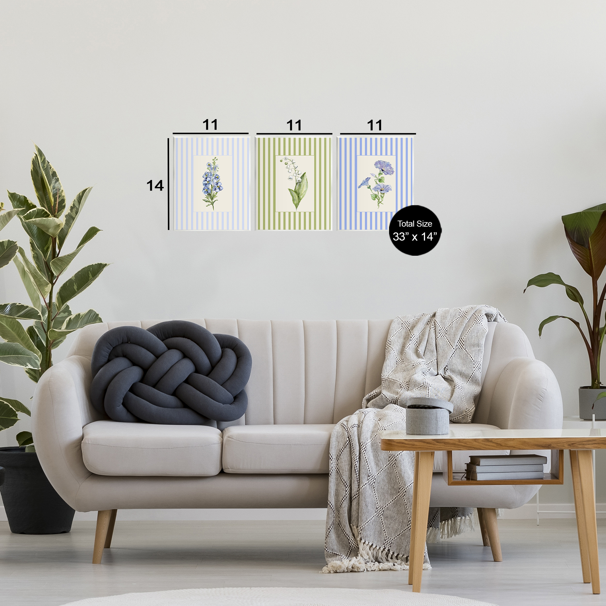 Soft Stripe Cottage Blooms 3 Piece Wall Plaque Art Set, design by Lisa Wehmeyer