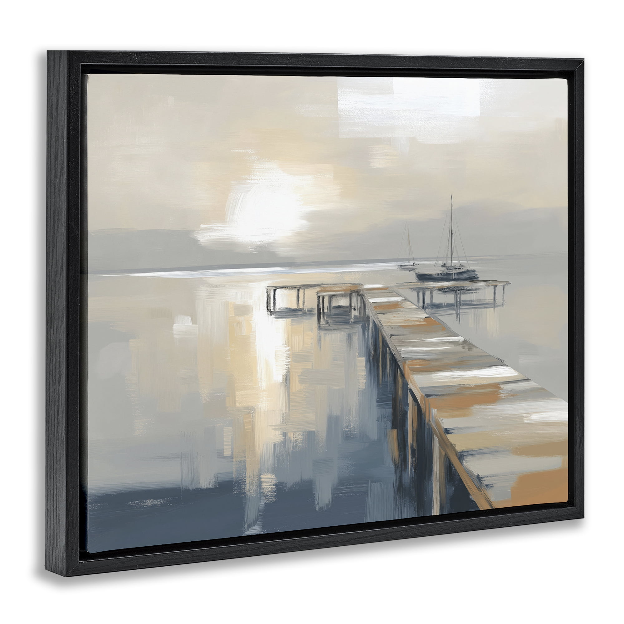 Stupell Industries Pier with Sailboat Seascape Black Framed Floater Canvas Wall Art, design by Kim Curinga
