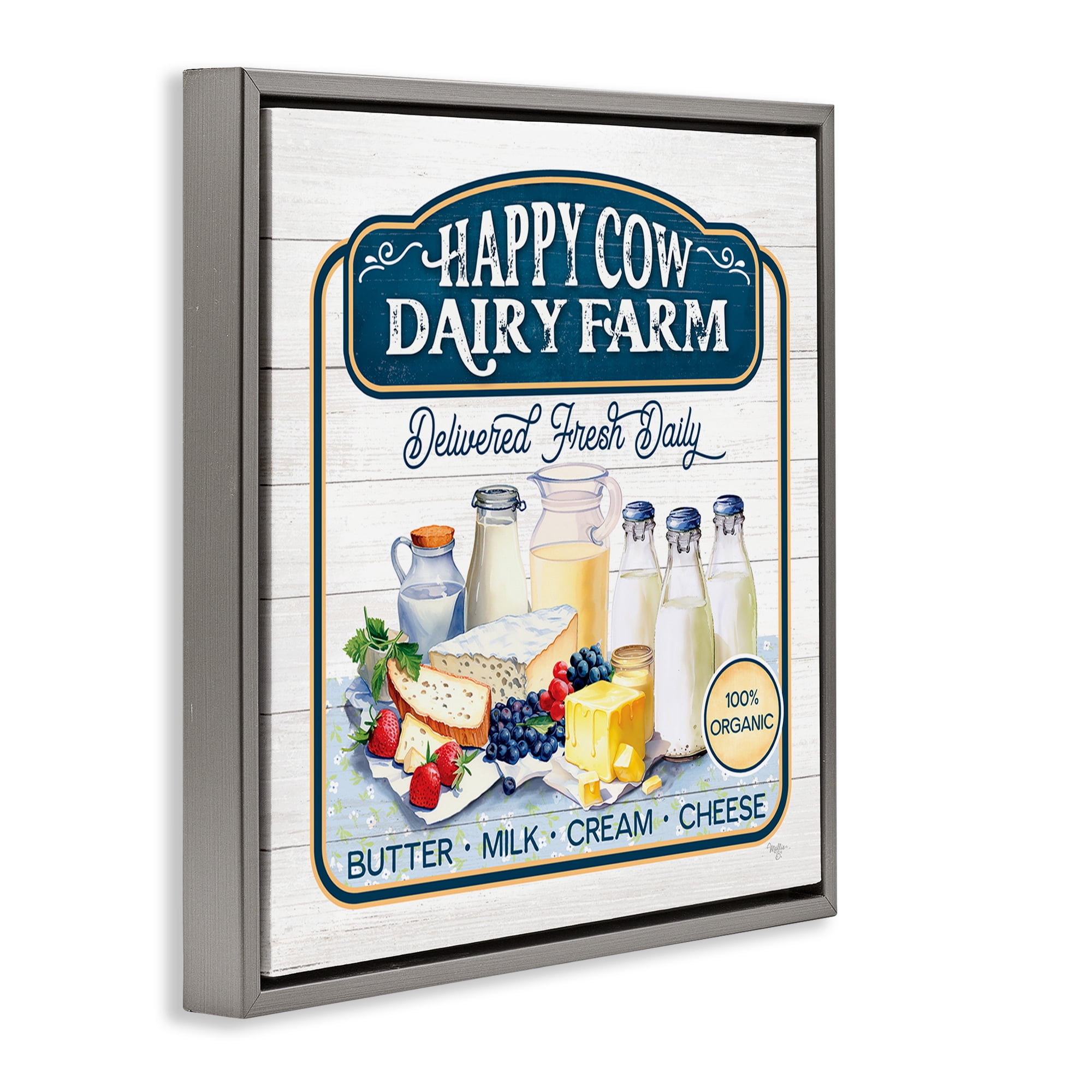 Stupell Industries Happy Cow Farm Food & Beverage Painting Gray Floater Framed Canvas Art Print Wall Art, 25 x 25
