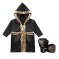 thumbnail image 3 of Hansber Kids Boys Boxing Uniform Satin Hooded Boxer Robes with Muay Thai MMA Training Gloves for Black 16, 3 of 6