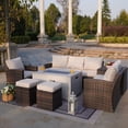 thumbnail image 4 of 7 Pcs PE Rattan Large Outdoor Patio Furniture Set with Fire Pit Table Modern Brown Conversation Sofa Set, 4 of 9