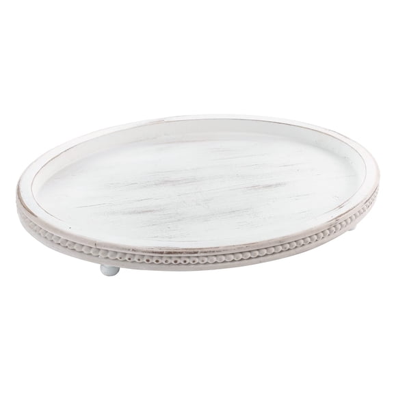Wooden Tray,Oval Decorative Tray for Coffee Table Kitchen Dinning Table Entryway, Small Beaded Tray for Holidays, Farmhouse Centerpiece Decor Weathered White,Diameter 30cm