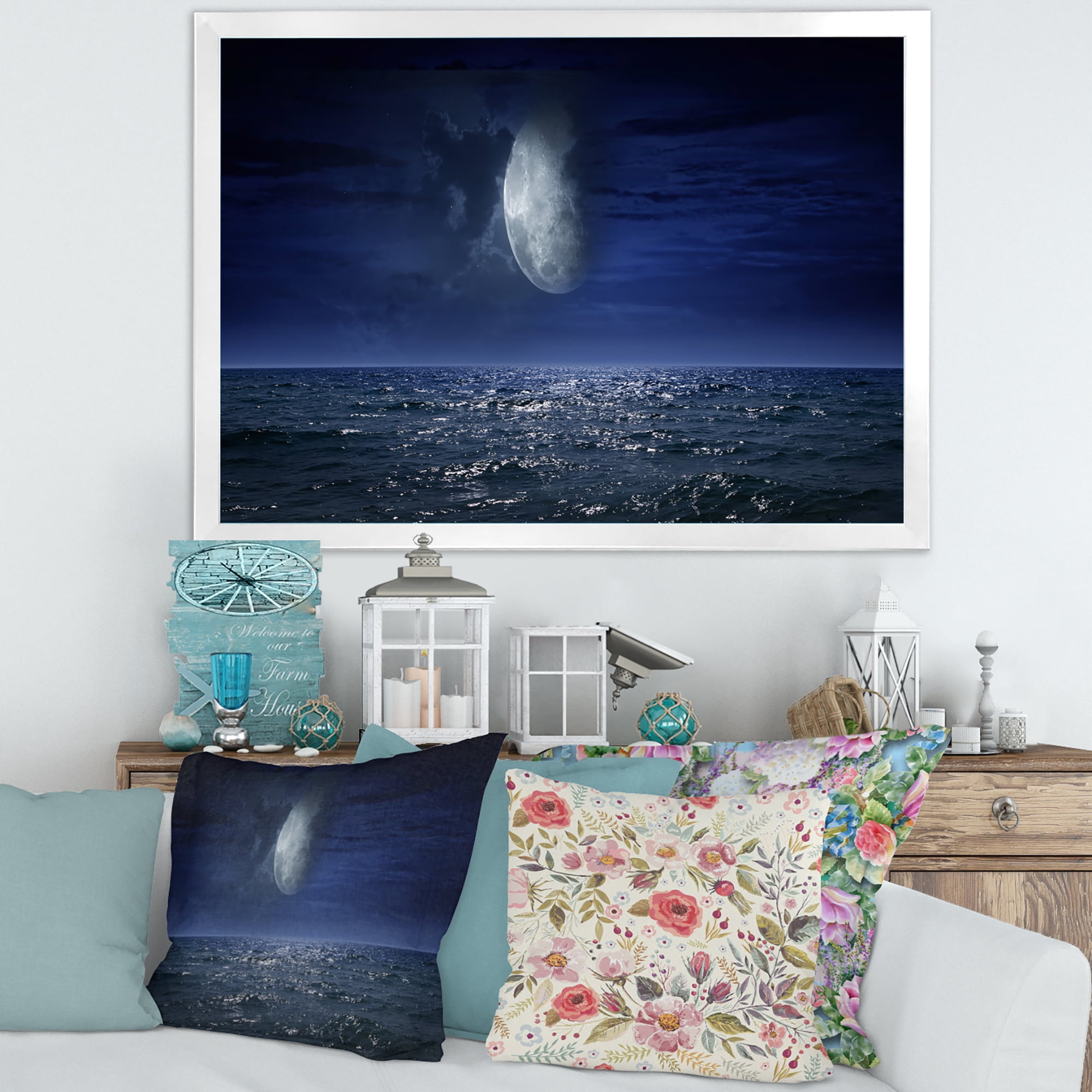Designart 'Full Moon Night Over Dark Ocean' Nautical & Coastal Framed Art Print
