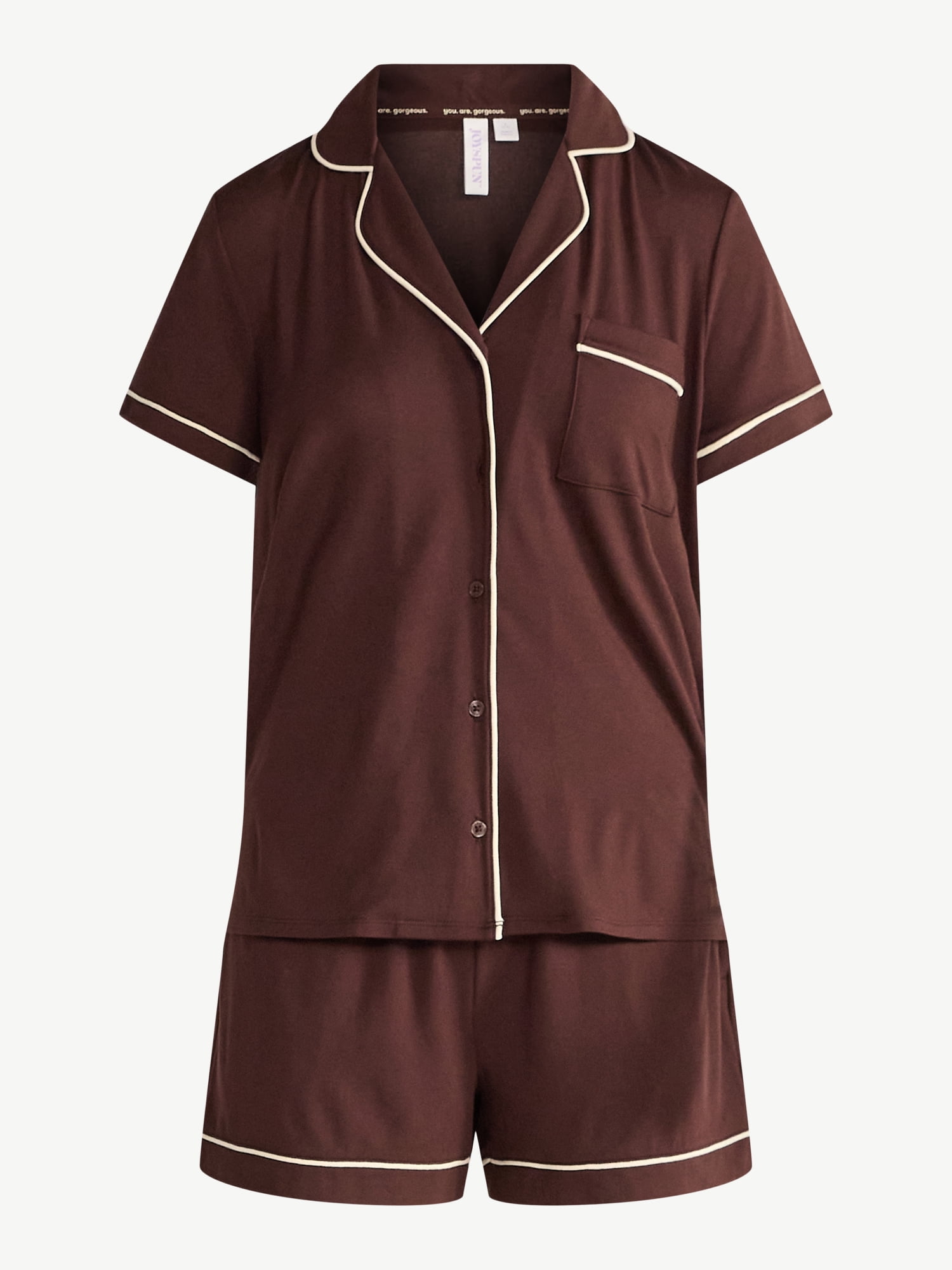 Joyspun Women’s Dreamy Soft Collection Notch Collar Knit Top and Boxer Shorts Pajama Set, Sizes XS-3X