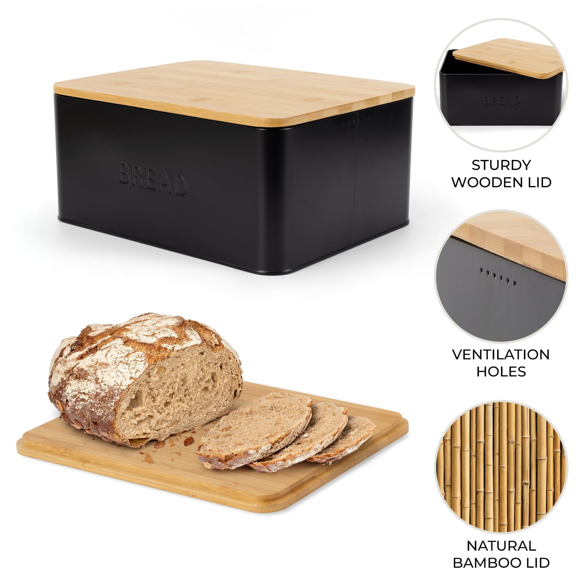 Stylish Bread Box with Wooden Lid for Kitchen Countertop, Spacious Storage Container for Homemade Bread Muffins Bagels, Premium Cutting Board Lid Keeps Bread Fresh