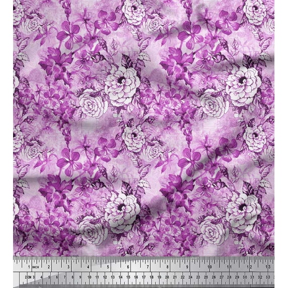 Soimoi Purple Poly Georgette Fabric Leaves,Periwinkle & Camellia Floral Print Fabric by the Yard 42 Inch Wide