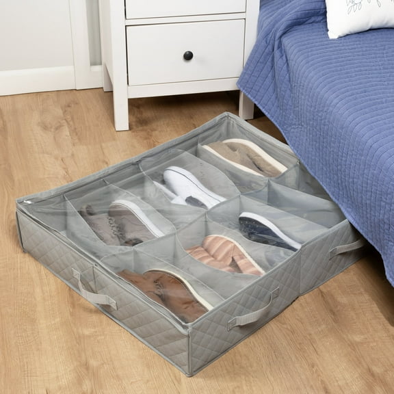 Honey-Can-Do Fabric 2-Pack Under Bed 24-Pair Shoe Storage Organizer Bag, Gray/Clear