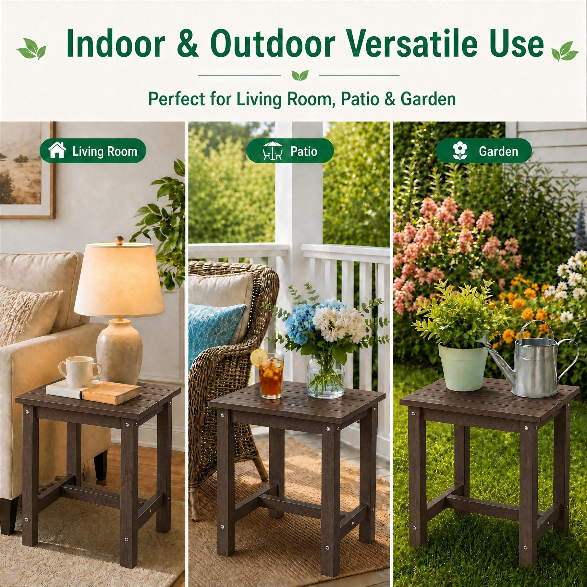 Y&M Outdoor Side Table, HDPE Patio End Table for Adirondack Chair, Weather Resistant Small Accent Table, Coffee, 2 Pack