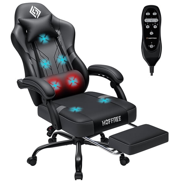 HOFFREE 7-Point Massage Gaming Chair with Footrest Reclining Computer Chair with Heated Lumbar Support Ergonomic Game Chairs for Adults Home Office Desk Chairs with Linkage Armrests