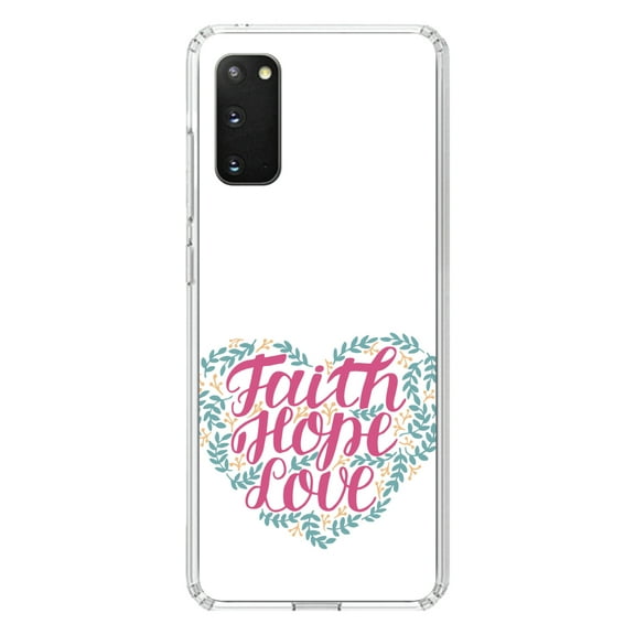 DistinctInk Clear Shockproof Hybrid Case for Galaxy S20 / S20 5G (6.2" Screen) - TPU Bumper, Acrylic Back, Tempered Glass Screen Protector - Faith / Hope / Love - Floral