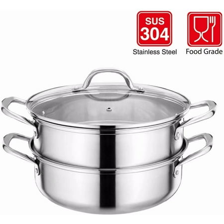 Stainless Steel 3-Piece 5.8-Quart 2-Tier Pasta/ Steamer Pot Set ,1Steamer Insert and Vented Glass Lid and Double Handles,Premium Heavy Duty Steamer Saucepot double boiler