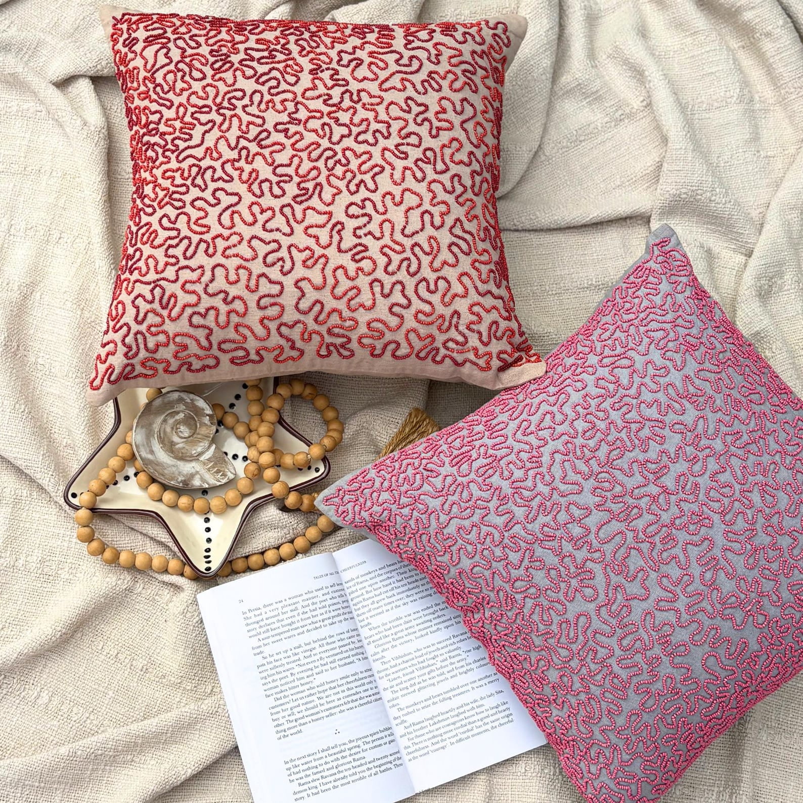 The HomeCentric Pillow Cover Mocha Pillow Covers Pack of 2 16x16 inch (40x40 cm) Linen Decorative Pillow Case&nbsp;Cover Sea Creatures Sea Weeds Coral Beaded Beach Style Throw Pillows - Blooming Maze