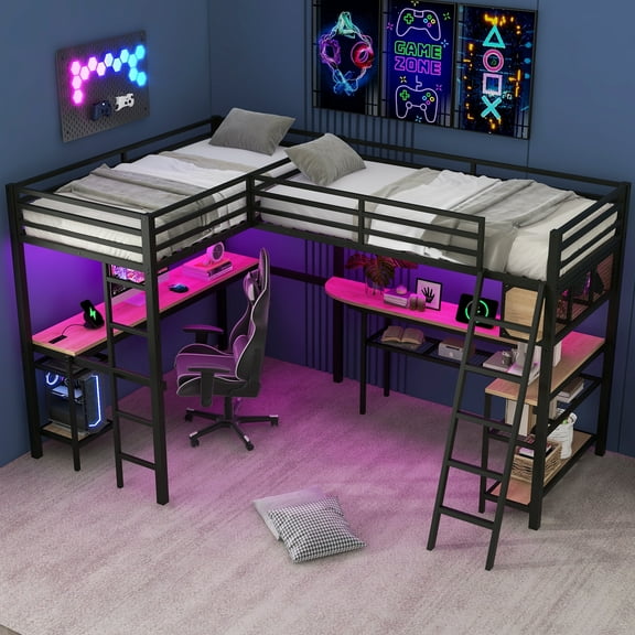 Euroco Twin L-Shaped Metal Loft Bed with Built-in Study Desk and Shelves, Gaming Bed with LED Light and USB Charging, Black