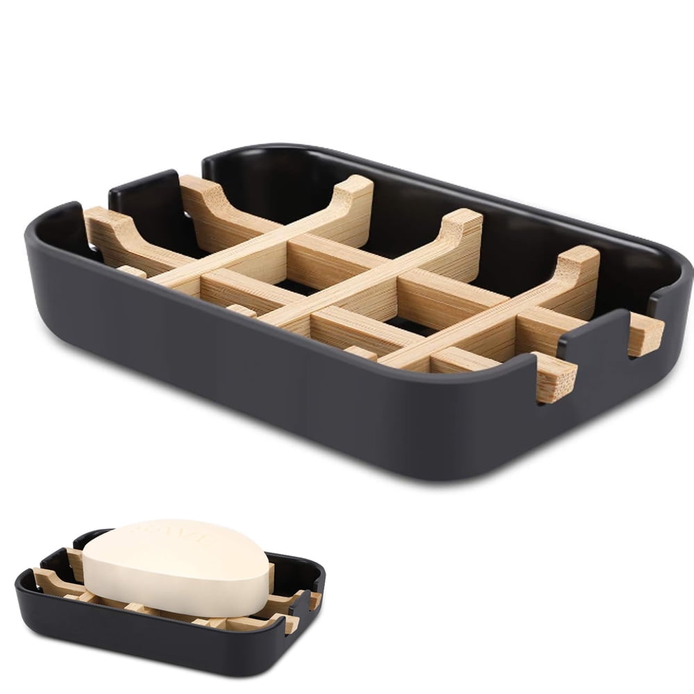 1 Pack Wooden Bamboo Square Soap Dishes for Bar Soap Holder for Shower with Drain for Bathroom