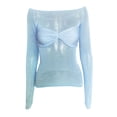 thumbnail image 5 of YYDGH Women Off Shoulder Ruched Sheer Mesh Sexy Tshirt Top Long Sleeve Pleated See Through Solid Slim Shirt Blouse Tops Sky Blue S, 5 of 5