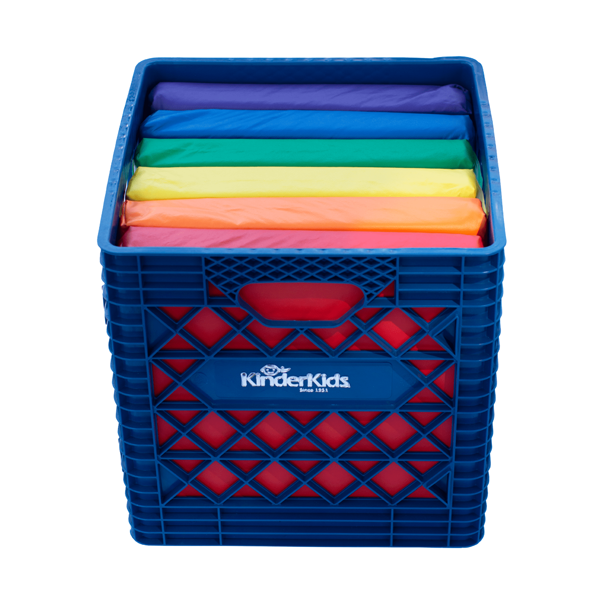 KinderMat, Kindercrate, Blue, 6 Pack of 13.5" Kindercushions & Container, 2" Thick Squares Story Time Cushions, Alternative Seating