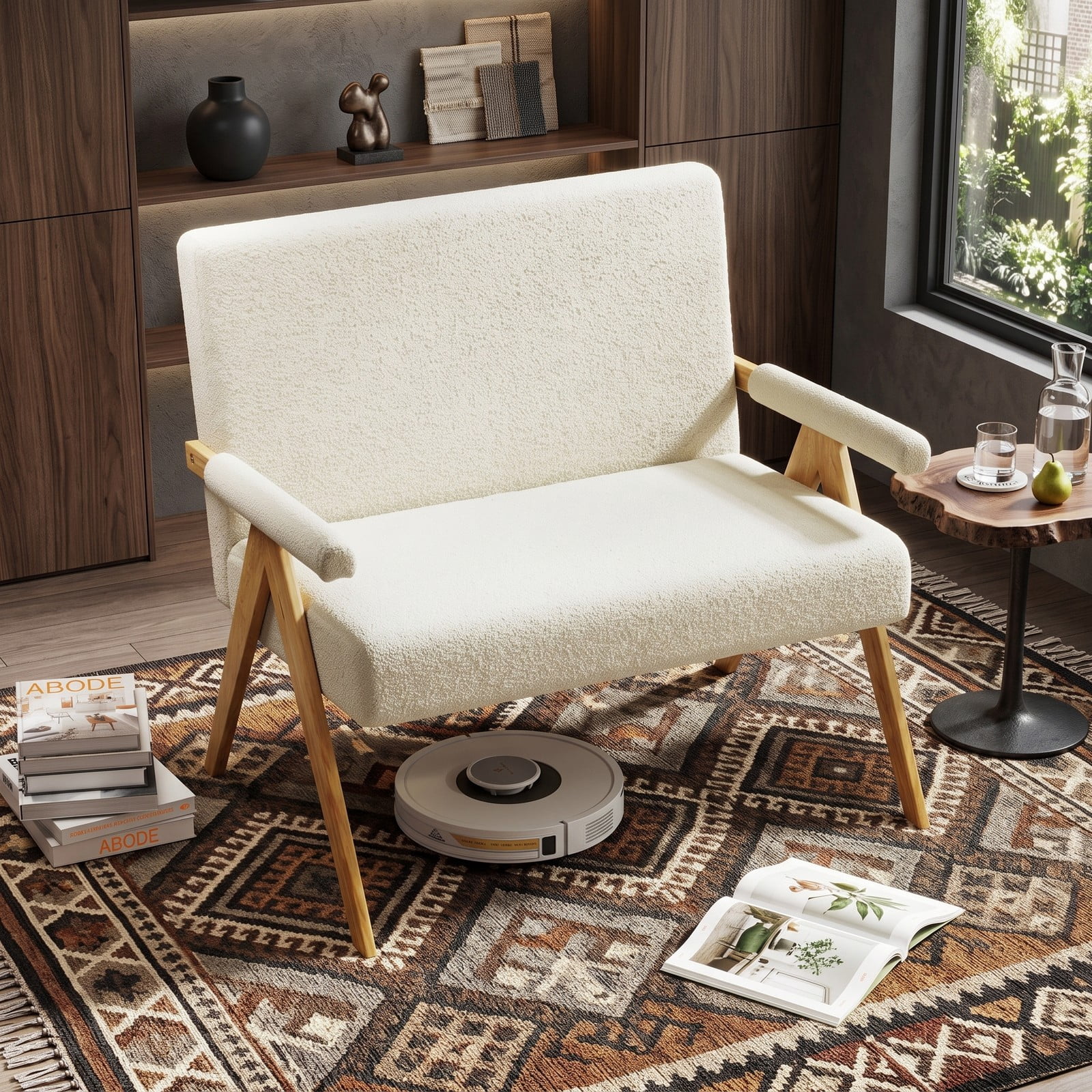 Furnibear Modern Loveseat Sofa, Small Space Upholstered 2-Seat Couch with Padded Armrests, Sherpa Fabric Loveseat with Solid Rubber Wood Legs for Living Room, Beige