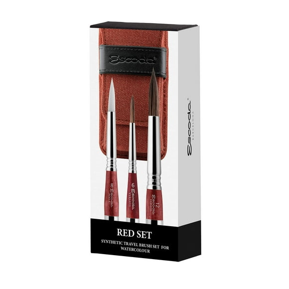 Escoda Artist Watercolor Travel Brush Set w/ Canvas Pouch, 3 Short Handle Brushes (Red)