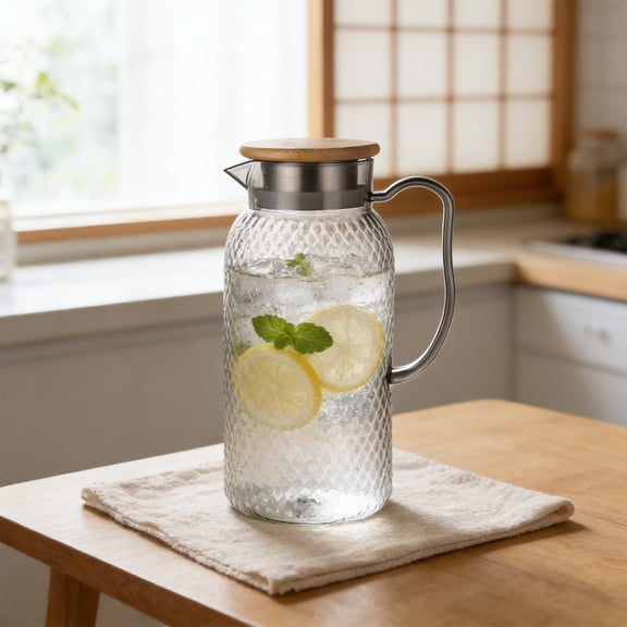Ohmyroo 34 Oz Diamond Pattern Beverage Pitcher with Natural Wood Lid Clear Water Jug for Home Kitchen Decor