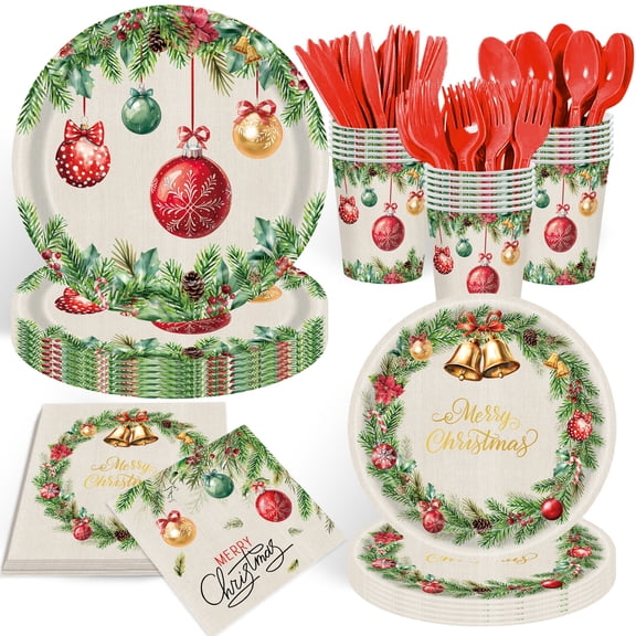 PYY 350-Piece Christmas Dinnerware Set, Disposable Holiday Paper & Plastic Plates Cups Cutlery, Red Green Christmas Ball Theme Party Tableware for 50 Guests