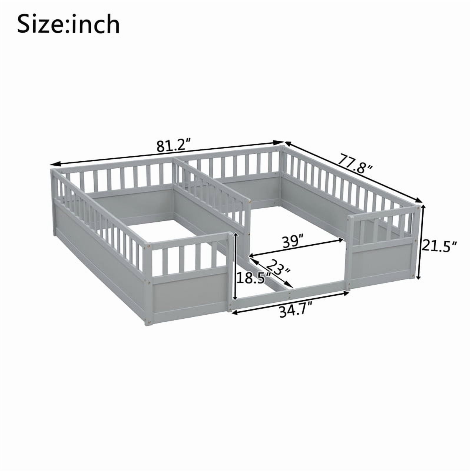 Twin Size Horizontal Floor Bunk Bed Frame with Semi-Enclosed Safety Guardrails, Wood Low Profile Kids Bed with Open Entrance