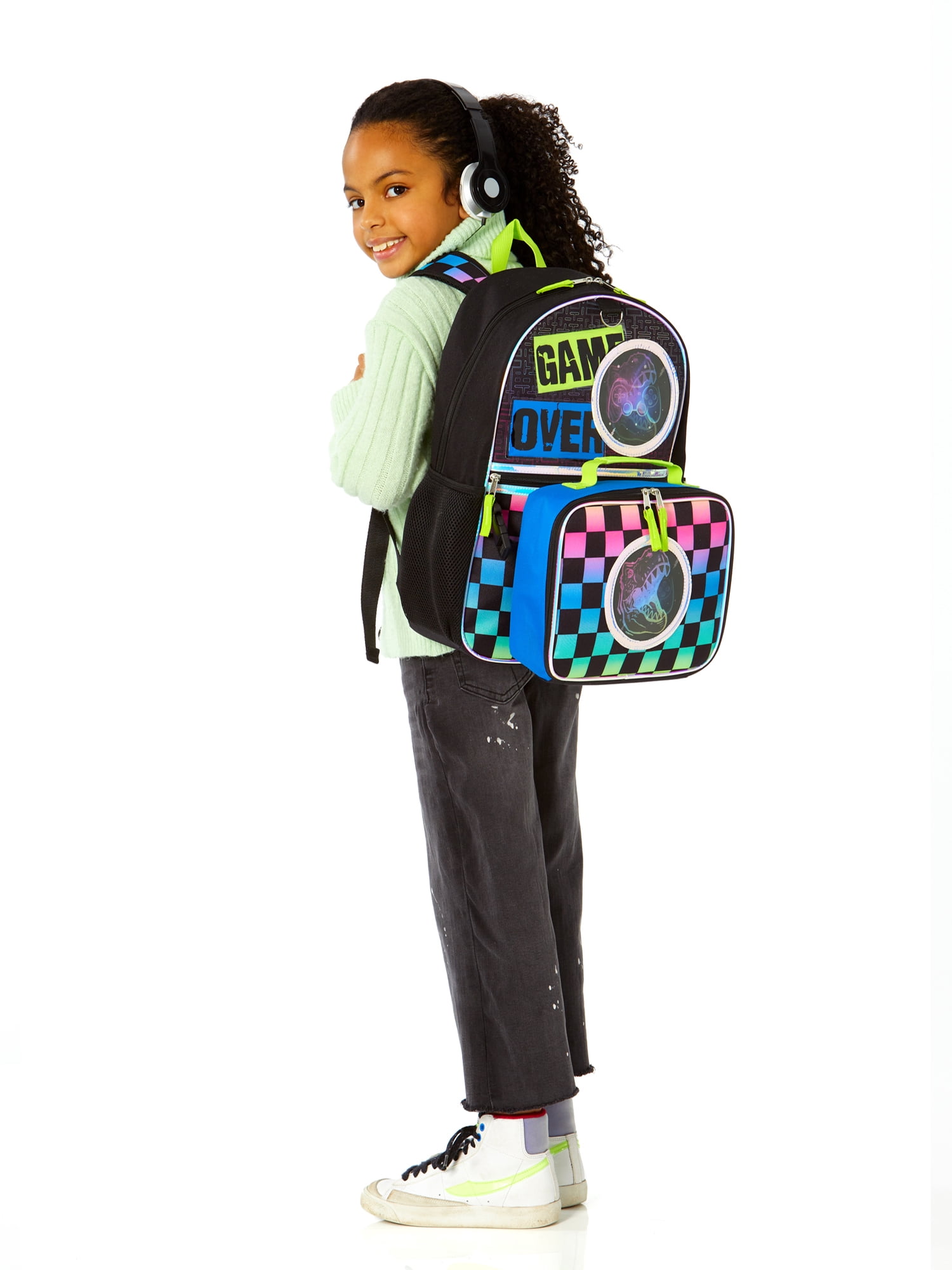 Schoolyard Vibes Dinosaur Boys 16" 3 Piece Headphone with Lunch Backpack Set, Black Multi-Color