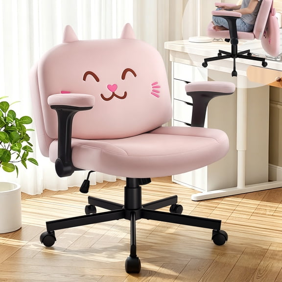 Waleaf Wide Seat Criss Cross Office Chair with Arms and Wheels, Cross Legged Desk Chair with Adjustable Cute Cushion, Velvet Vanity Chair for Home Office Bedroom, Pink