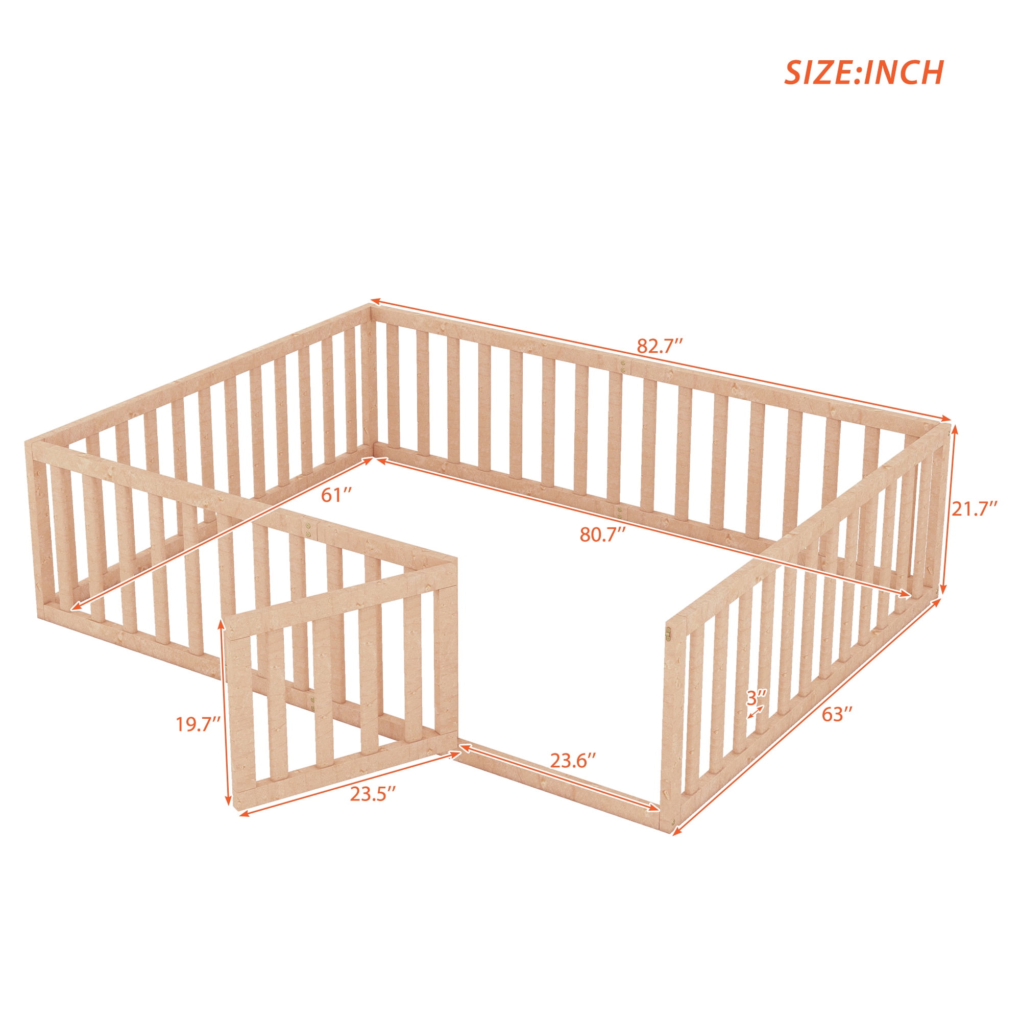Bellemave Queen Size  Floor Bed with Fence and Door, Wood Montessori Bed Frame, Floor Bed Frame, Slats Not Included (Queen,Natural)