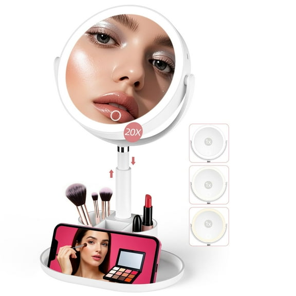 Makeup Mirror with Lights, 20X Lighted Magnifying Mirror with Storage, 2-Sided Height Adjustable Vanity Mirror with 3 Color Lights, 360° Rotation Rechargeable Desk Mirror, Memory Function (White)