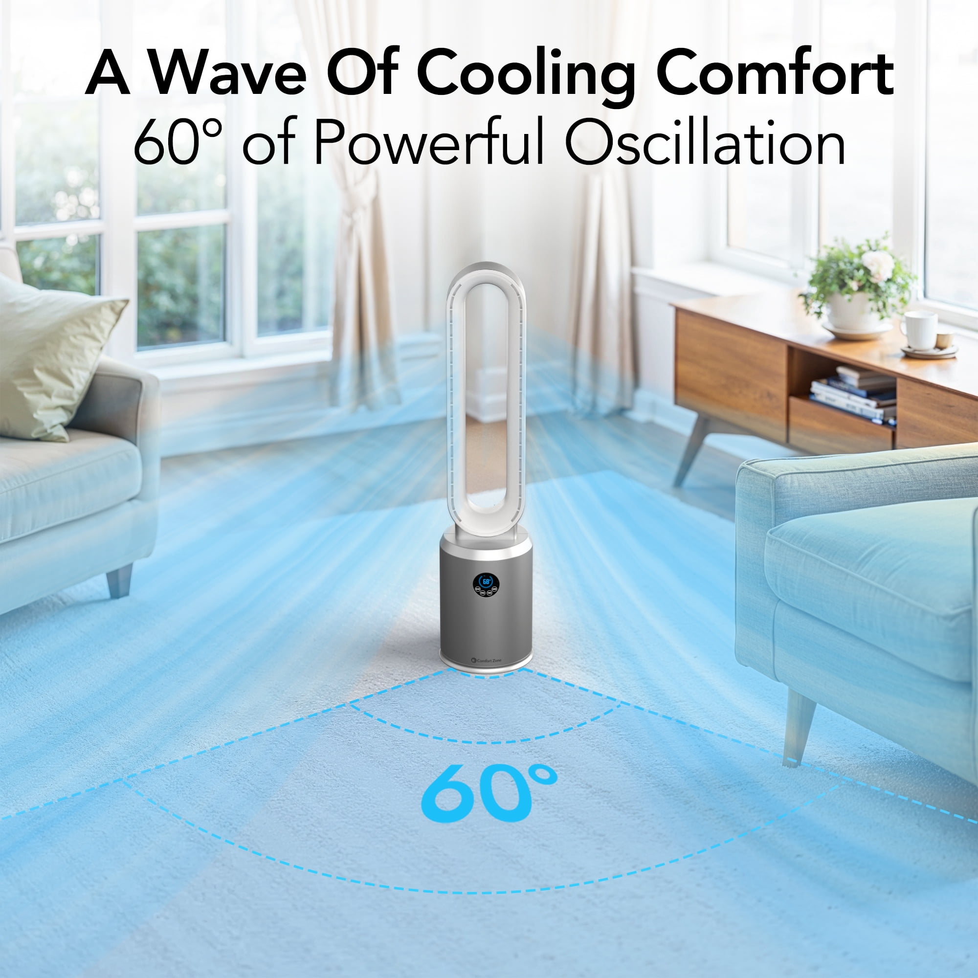 Comfort Zone 40" Bladeless Tower Fan with Remote Control, 9H Timer, Silver