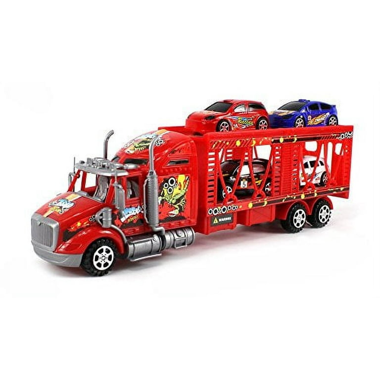 Extreme Car Transporter Semi Trailer Friction Powered Toy Truck Playset Ready To Run w 4 Extra Toy Cars Colors May Vary