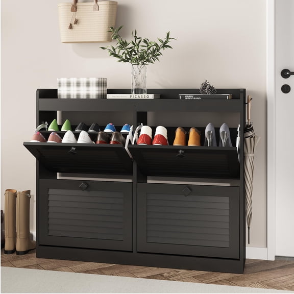 EcoSummer Large Shoe Storage Cabinet with 4 Flip Doors, Narrow Entryway Shoe Organizer for 24-32 Pairs, Freestanding Hidden Shoe Rack with Adjustable Shelves & Wooden Legs for Hallway, Black