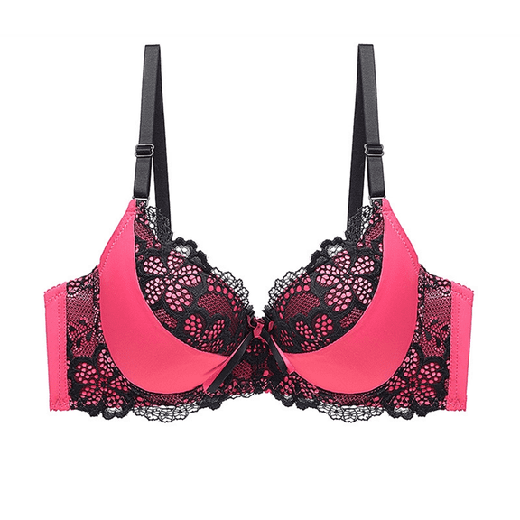 Women Push Up Underwire Bra Lace Color Contrast Cute Sweet Padded Comfortable Adjustable Bra Black 34