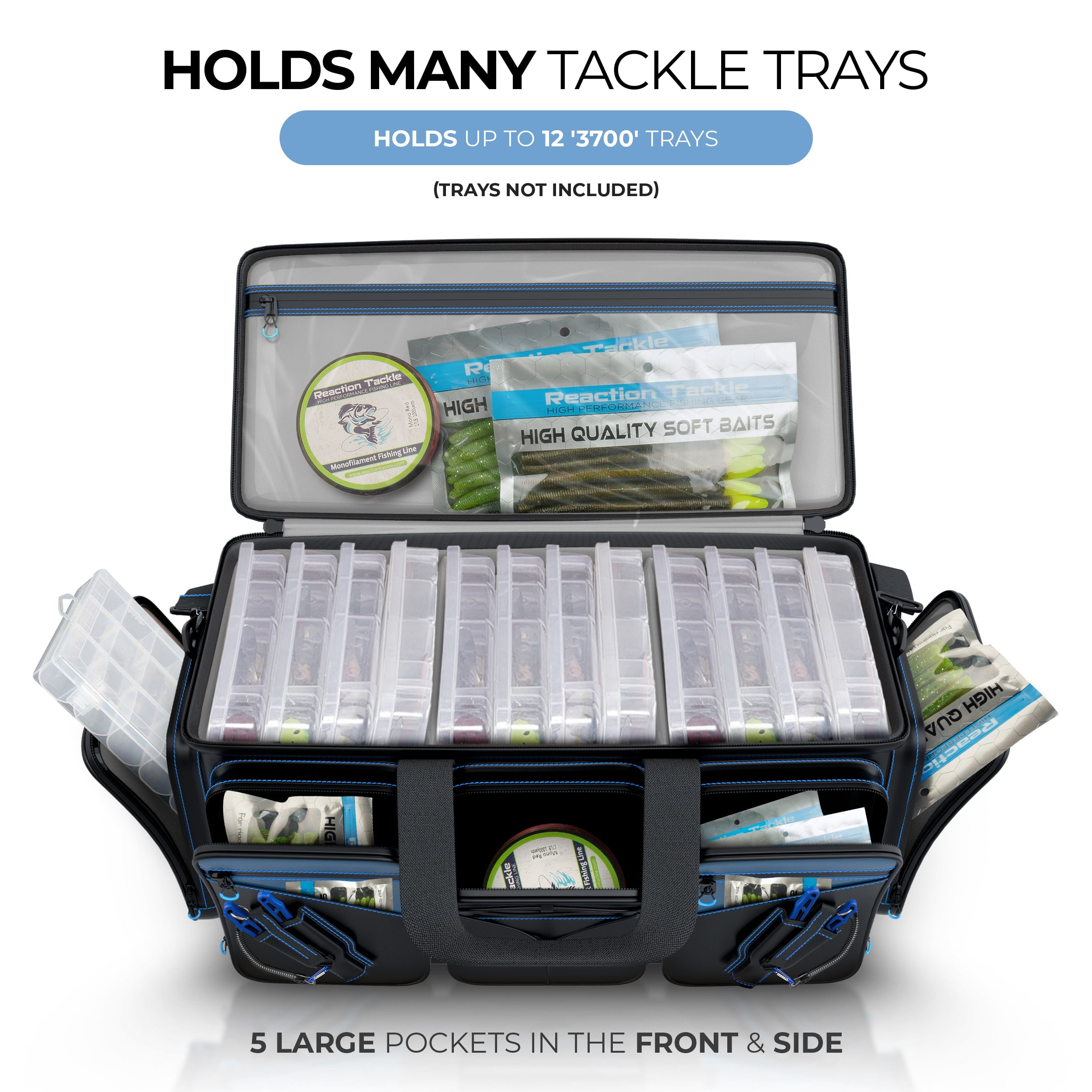 Reaction Tackle Fishing Tackle Bag – Salt Water Resistant Tackle Box Bag, 1000D PVC Waterproof Material, Durable Liner, Removable Dividers, for 3600 or 3700 Trays, XL Bag