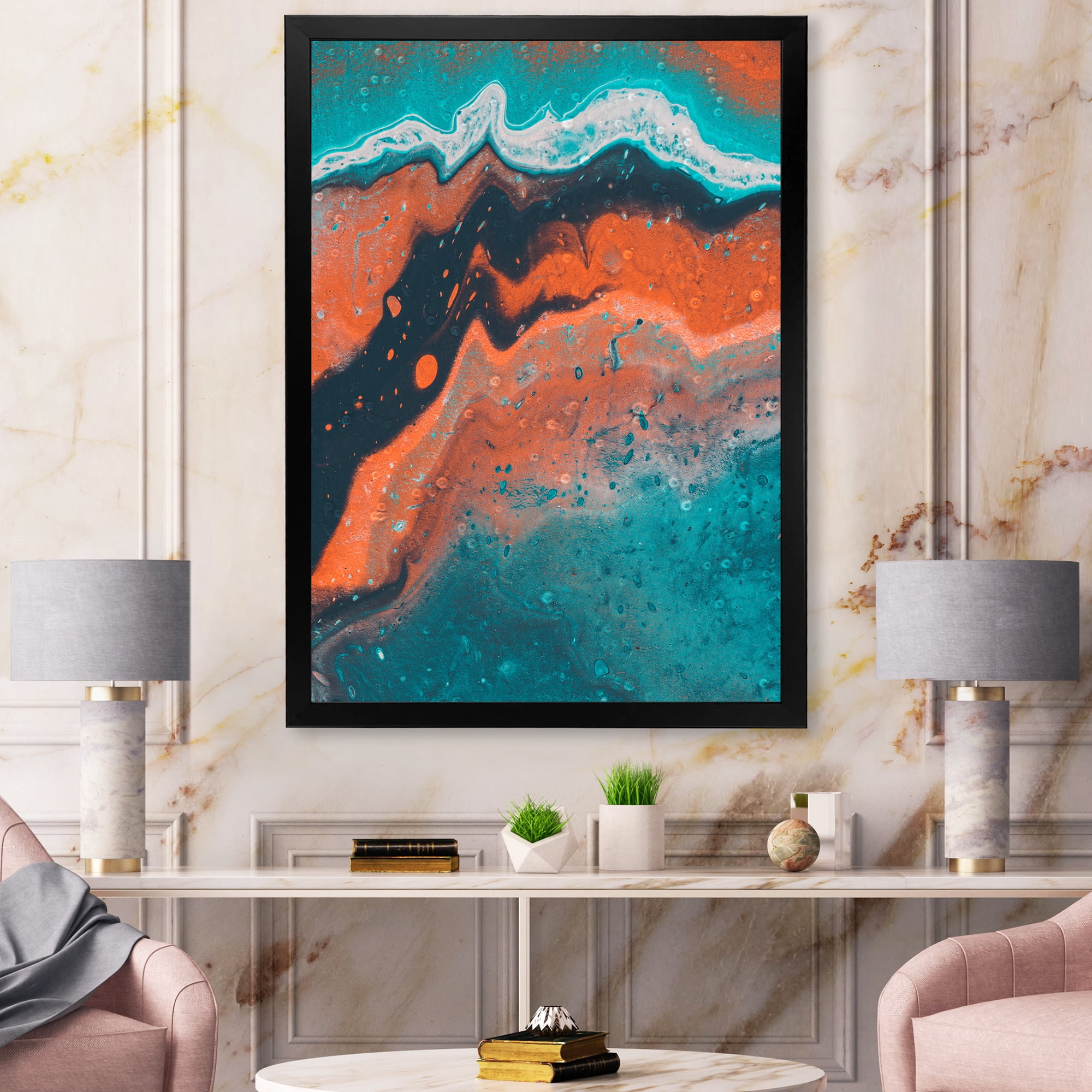 Designart 'Abstract Marble Composition In Orange and Blue VI' Modern Framed Art Print