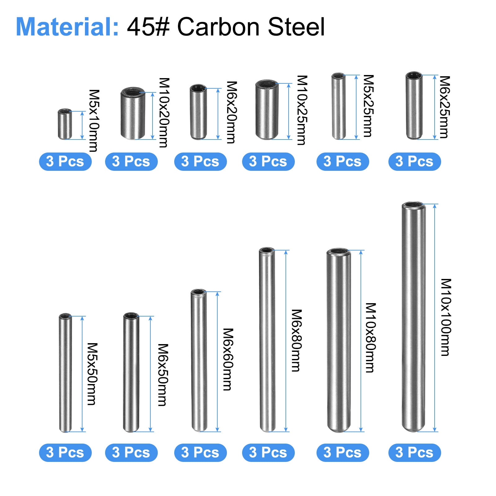 36pcs M3, M4, M6 Internal Thread Dowel Pin 12 Sizes Chamfering Flat Carbon Steel Cylindrical Pin Bed Bookshelf Metal Devices Industrial Pins