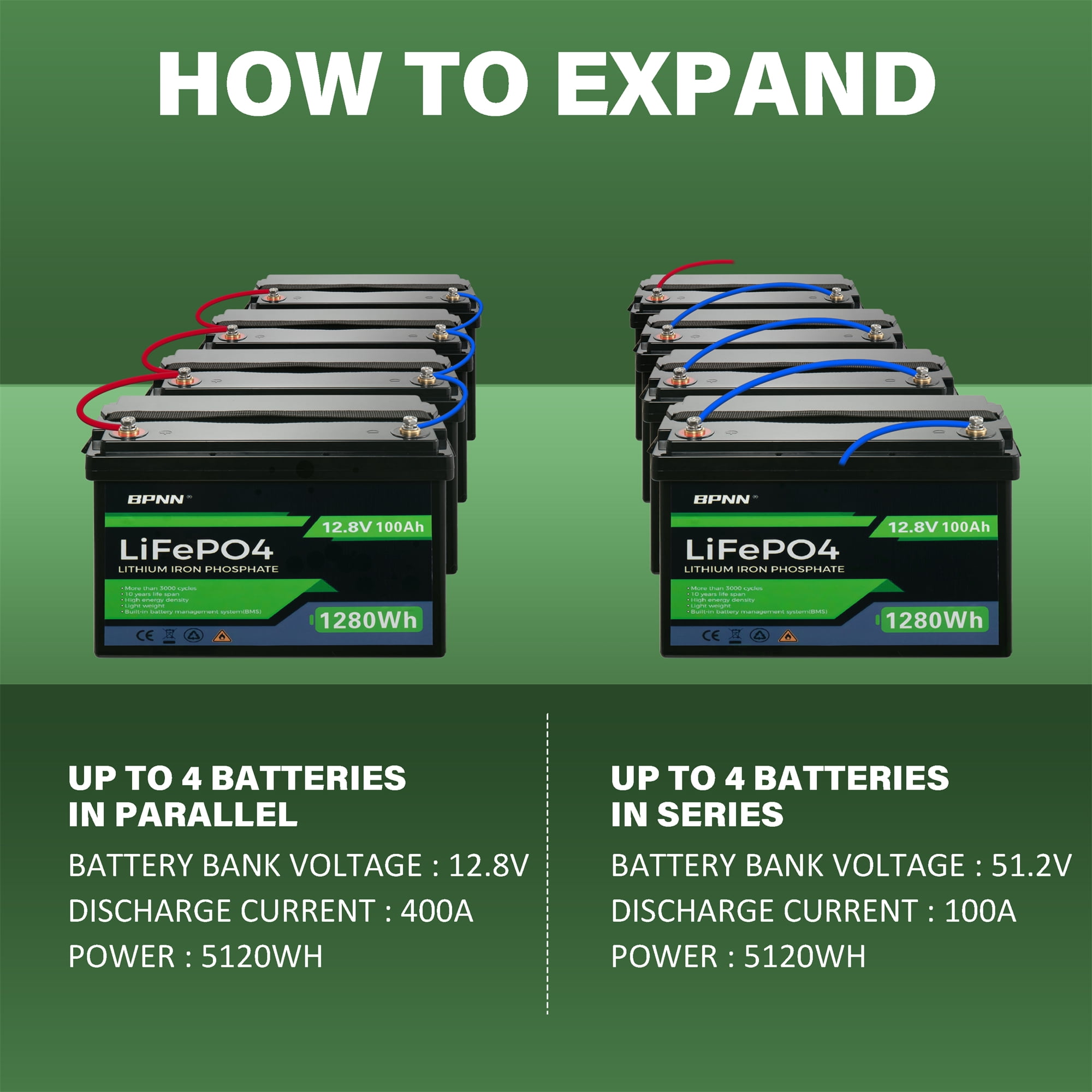 2Pack 12V 100AH LiFePO4 Battery Built-in 100A BMS 12V Lithium Battery for Home Back-up Power BPNN