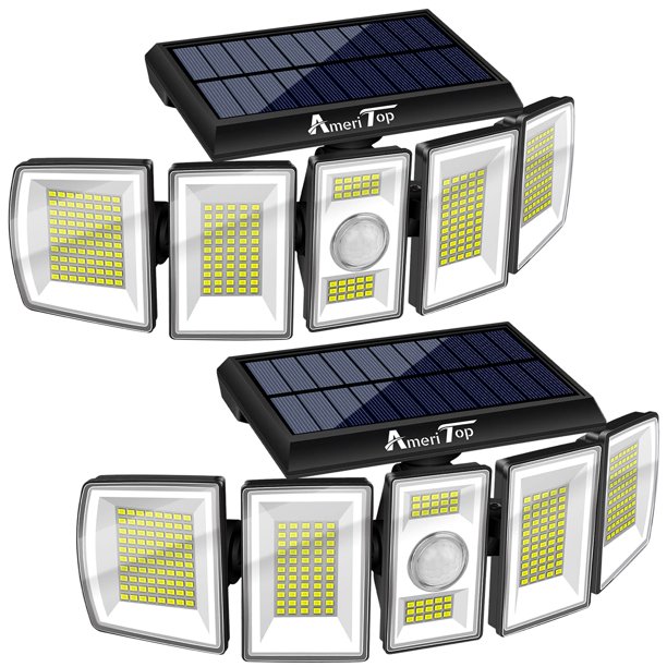 Paquete de 2 luces solares AmeriTop 300 LED, 7000 K, sensor de movimiento