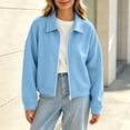 thumbnail image 4 of Ovzne Women's Zip Up Cropped Cardigan Lapel Collar Long Sleeve Jacket Drop Shoulder Ribbed Hem Casual Coat,Light Blue Jackets for Women, 4 of 8