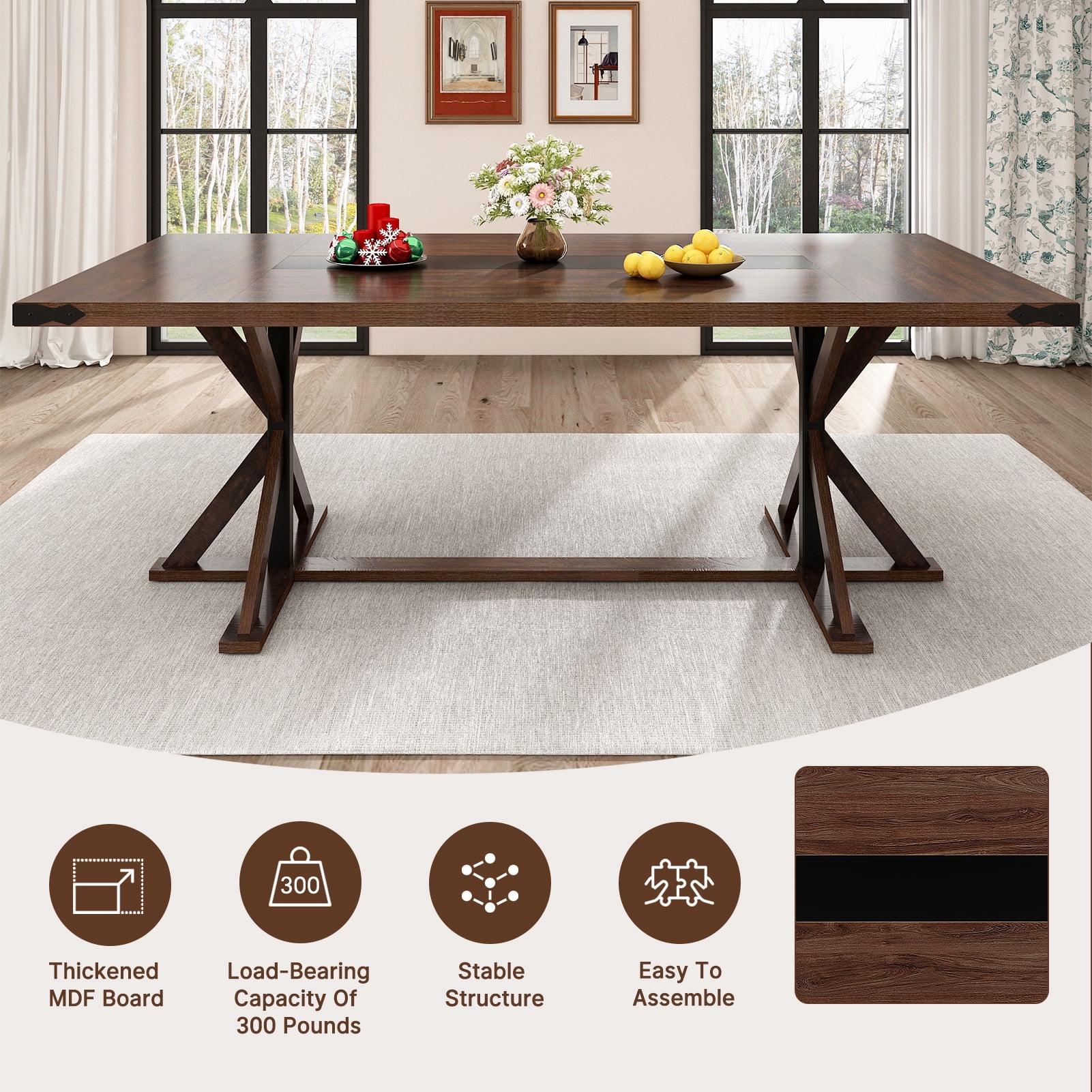 Blotout 79" Modern Farmhouse Dining Table for 8-10 People, Rectangular Wood Dining Table with Wood Strip Base, Long Kitchen Table for Dining Room, Gathering, Kitchen (Brown)