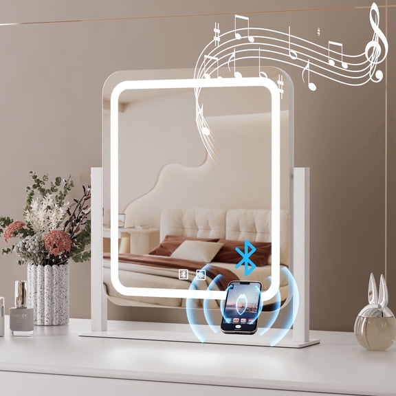 Odernirror Vanity Mirror with Bluetooth, LED Makeup Mirror for Desk, 5X Magnifier, Dimmable 3 Color Modes, White