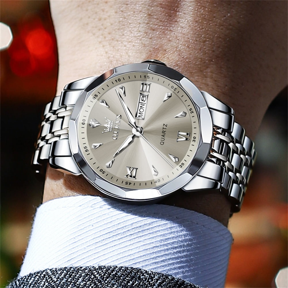 OLEVS Watches for Men Diamond Business Dress Classic Casual Analog Quartz Stainless Steel Waterproof Luminous Date Men Wrist Watches Reloj Para Hombre Gray Dial