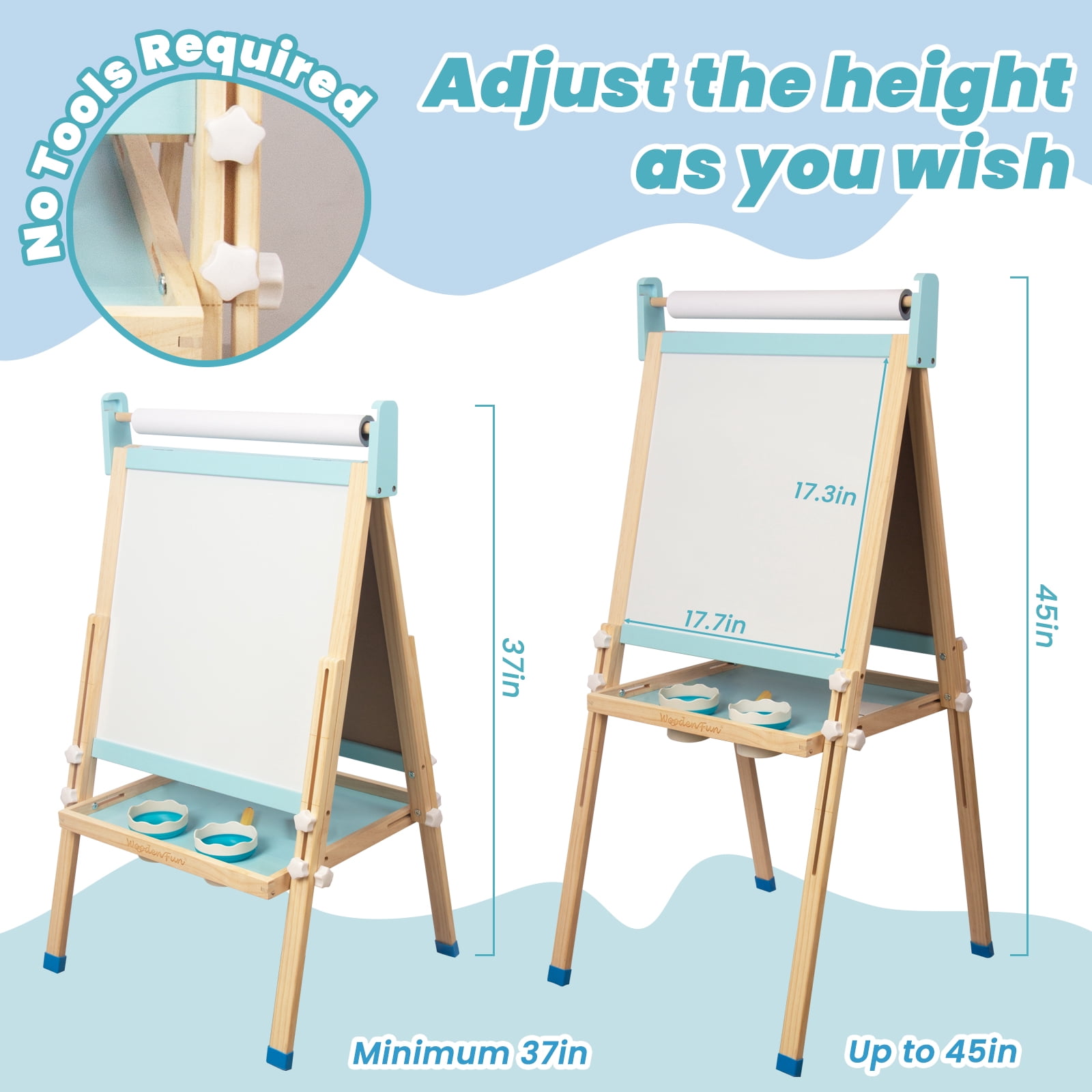 Kids Wooden Easel with Paper Roll, Adjustable Magnetic Double Sided Drawing Board Whiteboard & Chalkboard Dry Easel Board, Children Art Easel for 3-12 Years Kids Boys Girls Painting Drawing