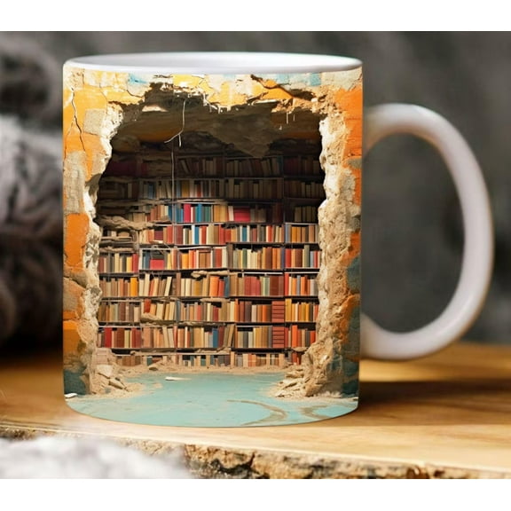 ZephyrZing Bookshelf Mug - 3D Printed Effect Bookshelves Hole In A Wall Mug, Bookshelf Coffee Mug, Unique Bookshelf Design 3D Library Shelf Ceramic Mug, Cool Gifts for Book Lovers (B)