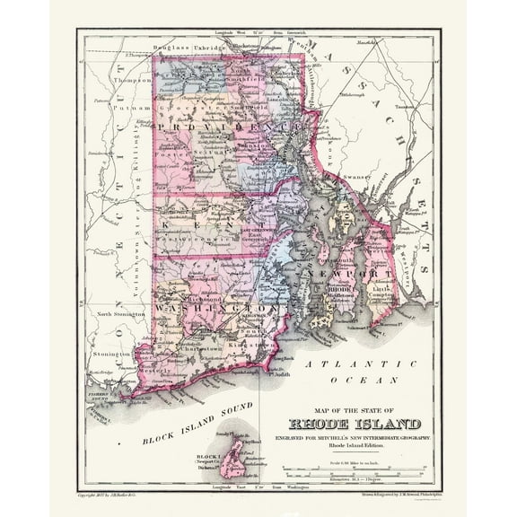 Historic State Map - Rhode Island - Mitchell 1877 - 23 x 28.45 - Vintage Wall Art