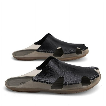 Men Leather Flat Slides Slippers Outdoor Indoor Home House Slip On Sandals Summer Shoes Free Shipping Big Size 47 48