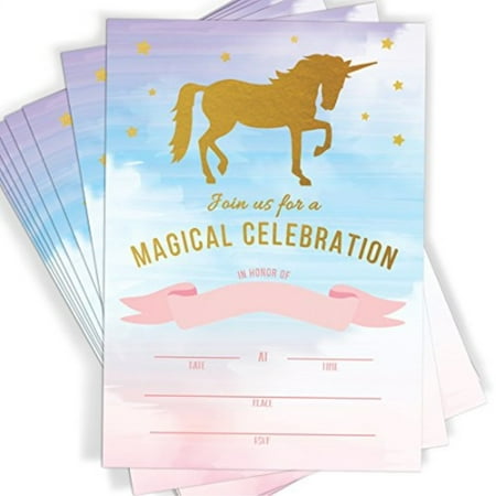Unicorn Birthday Card - Magical Unicorn Celebration | Rainbow Party Fill in Invitations | 10 Invitations and Envelopes