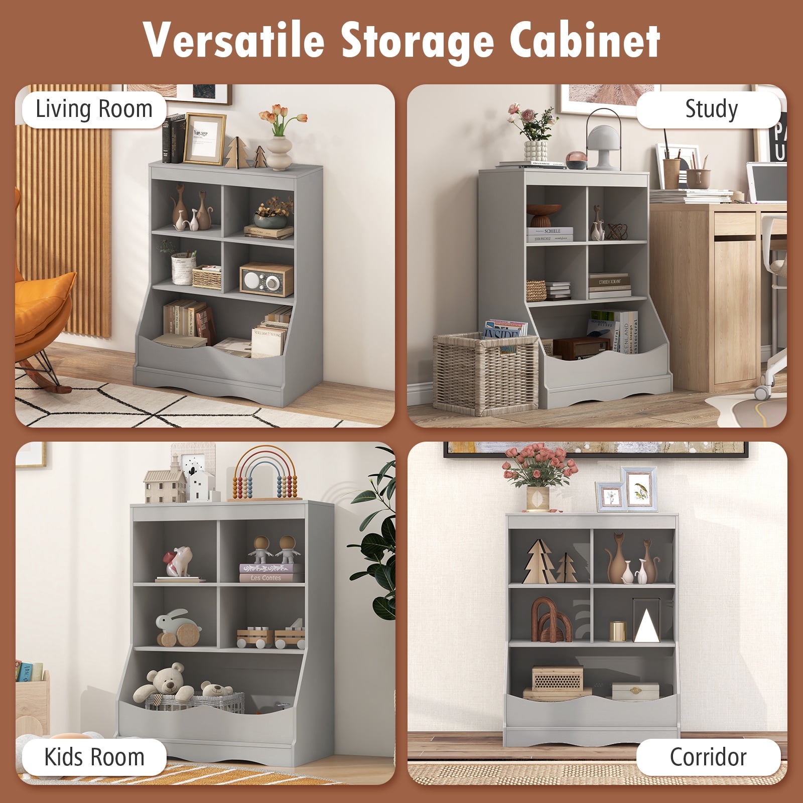 Giantex Kids Toy Storage Organizer, Wooden Organization w/Anti-Tipping Device, Gray