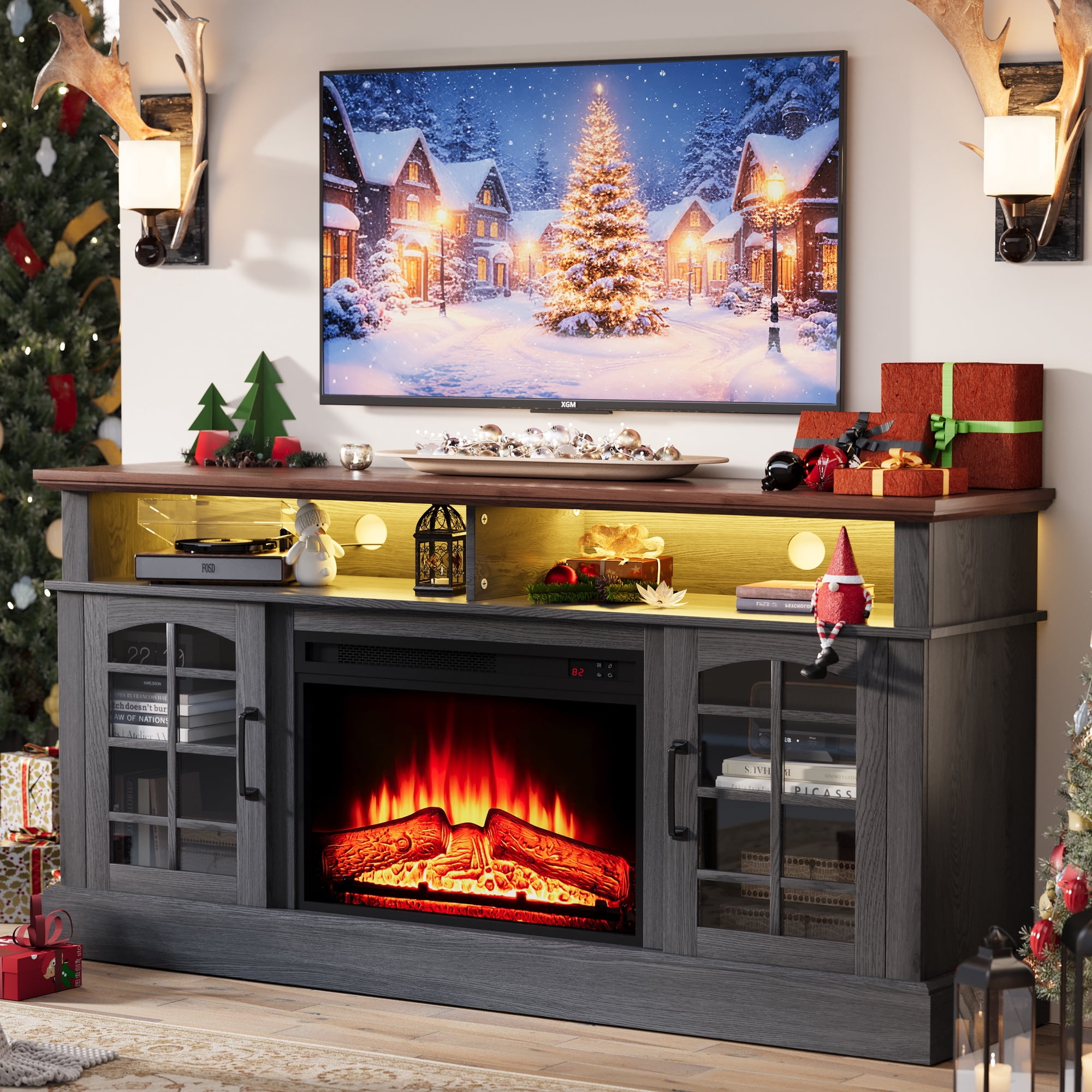Paproos Fireplace TV Stand for 65 inch TV with LED Lights, 32.0in Tall TV Stand with 23'' Electric Fireplace, Entertainment Center for Living Room, 400 Sqt Heating Area, Brown Tabletop&Black Cabinet
