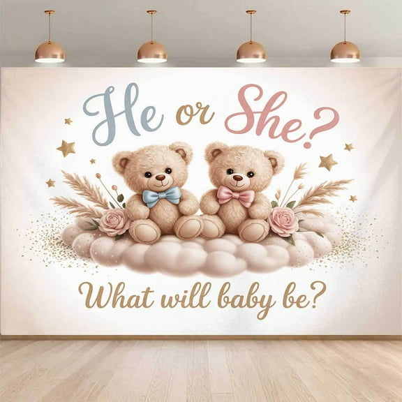 Bear Gender Reveal Backdrop He or She What Will Baby Be Photography Background Boho Pink Floral Clouds Gender Reveal Newborn Shower Birthday Party Decorations Banner Supplies Photo Booth Props
